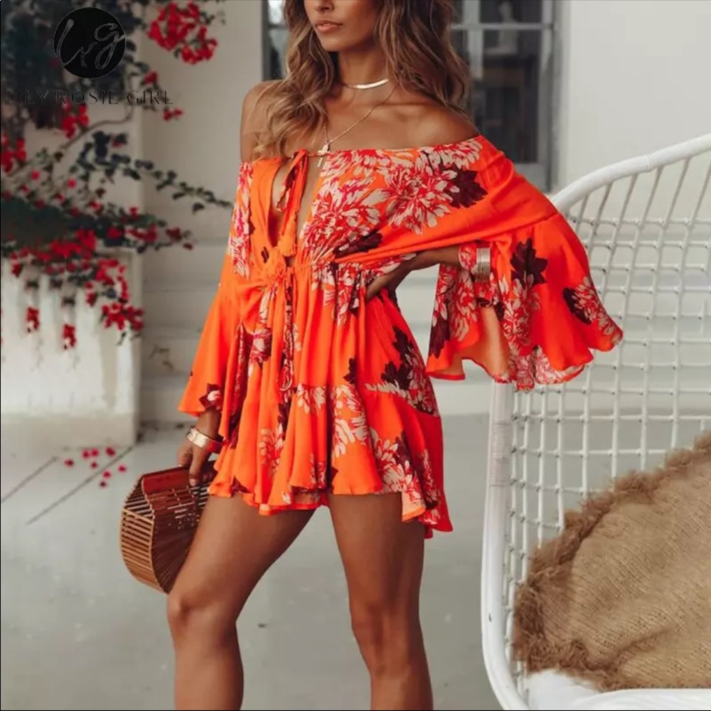 Foxy 5 🌟Fave! Ibiza Electric Orange Floral Romper - Picture 2 of 7